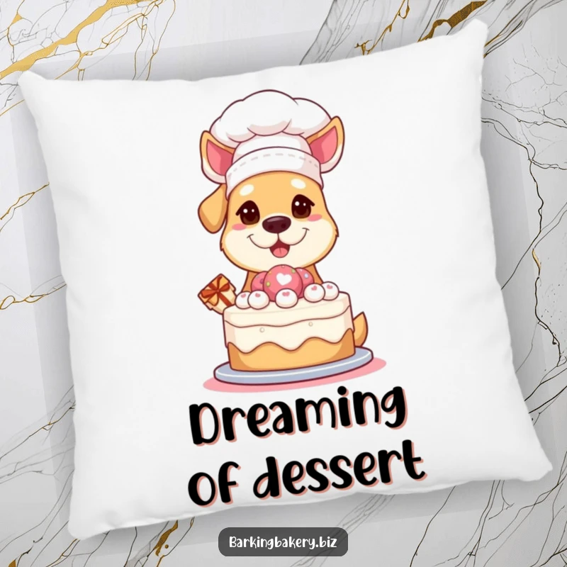 Funny Pillow: A dog in a chef hat proudly presents a cake, offering a soft, humorous, and decorative accent.