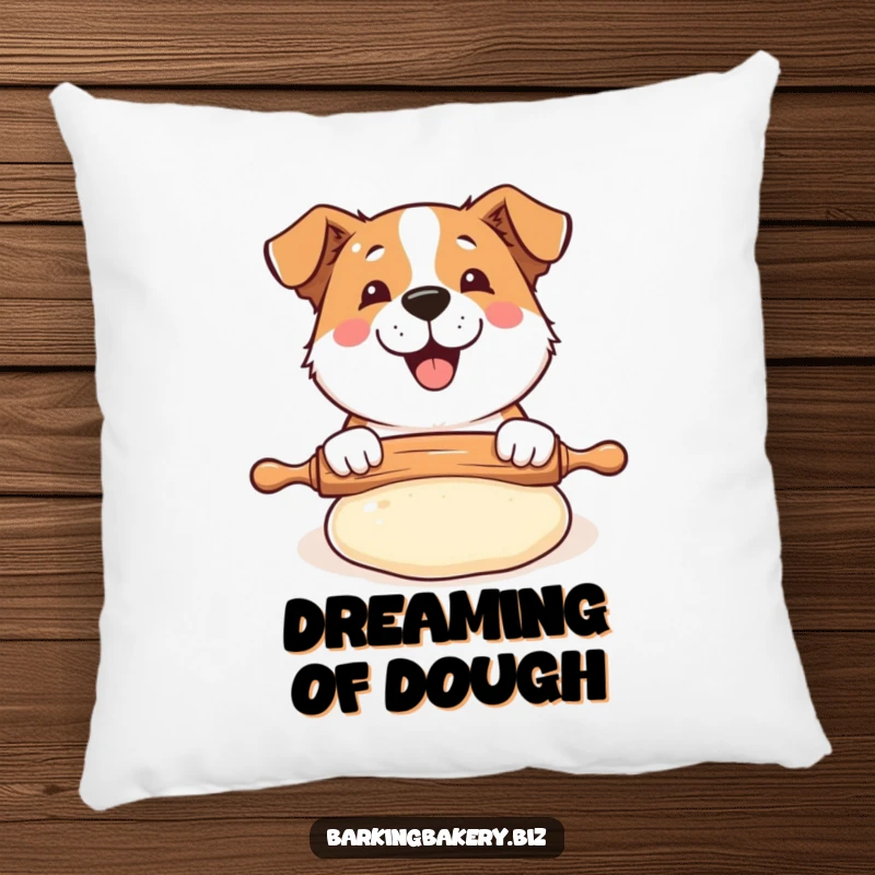 Funny Dog Baker Pillow: A happy dog uses a rolling pin on puffed dough, a humorous and comfy accent.