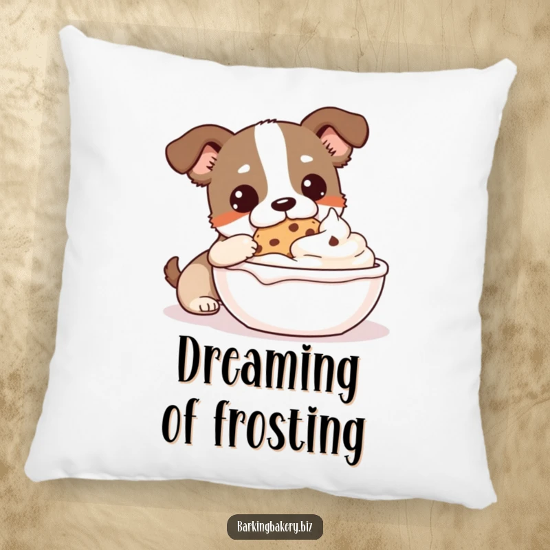 Funny Cookie Monster Dog Pillow: A dog dips a cookie into frosting, a humorous and comfy accent.