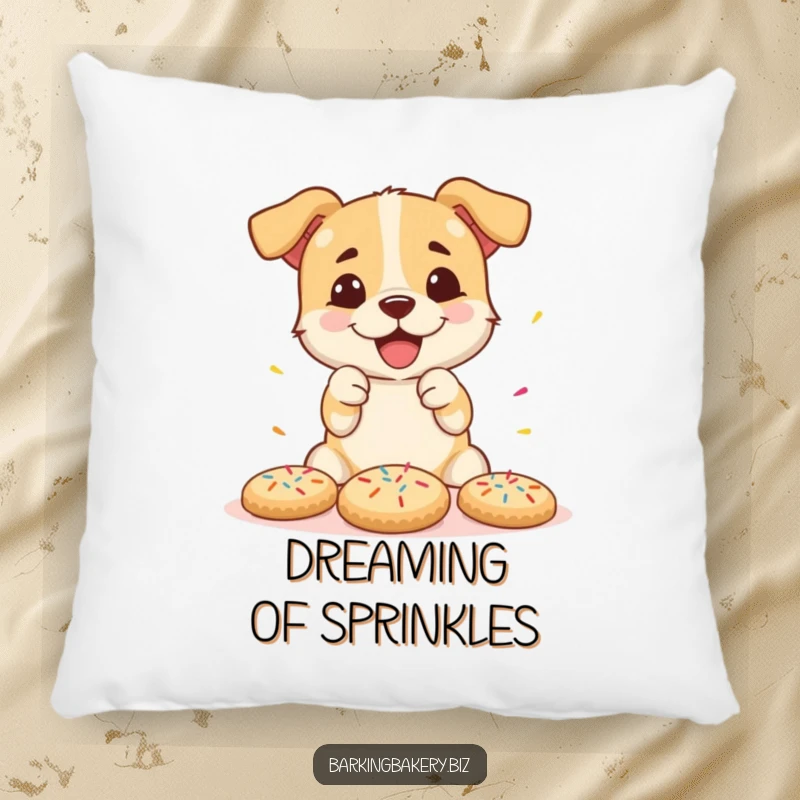 Funny pillow featuring a dog joyfully decorating cookies with sprinkles, embodying sweet and playful baking moments.