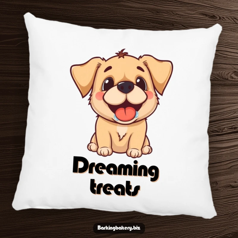 Funny decorative pillow with a dog's drooling grin, showing pure anticipation for a well-deserved treat.