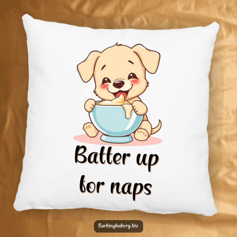Funny puppy joyfully tastes batter from a mixing bowl, creating a soft and humorous accent pillow.