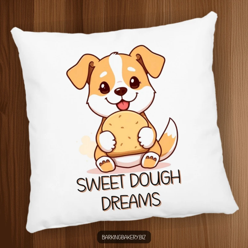 Funny pillow featuring a proud dog presenting a freshly baked loaf of bread, adding comfort and baking humor.