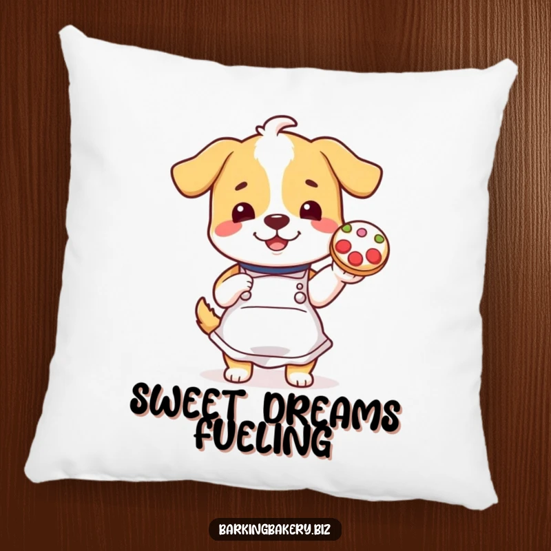 Funny dog in apron proudly displays a decorated cookie, creating a soft and humorous accent pillow.