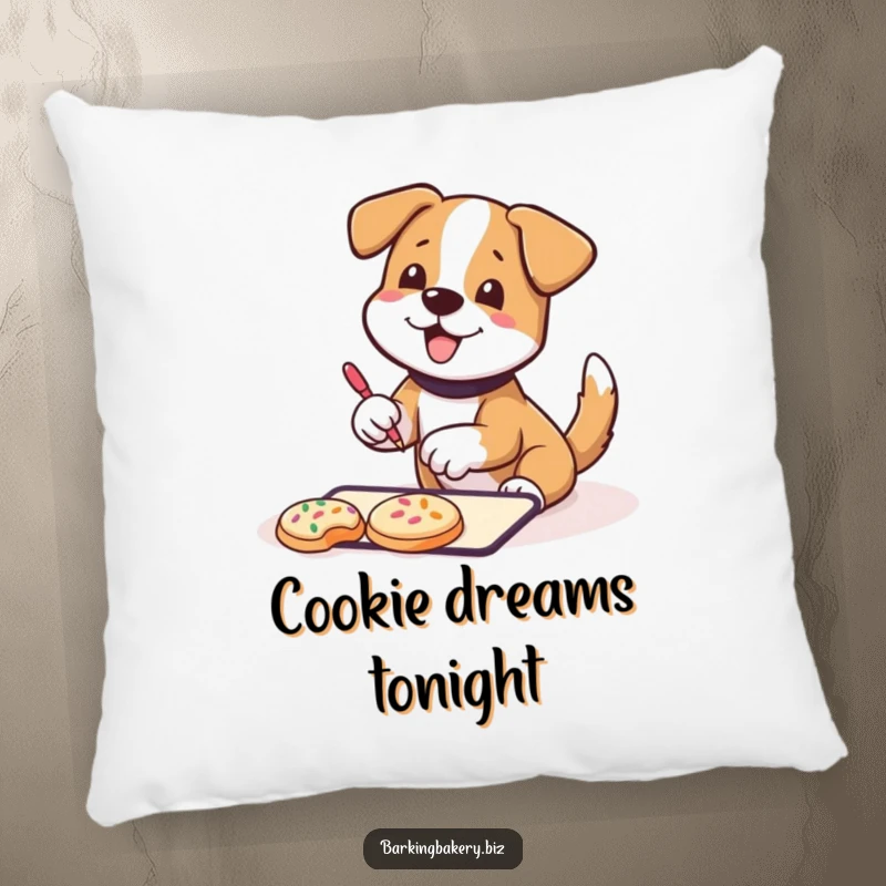 Funny Pillow: A dog wagging its tail happily decorates cookies with sprinkles, offering a soft, humorous, and decorative accent.
