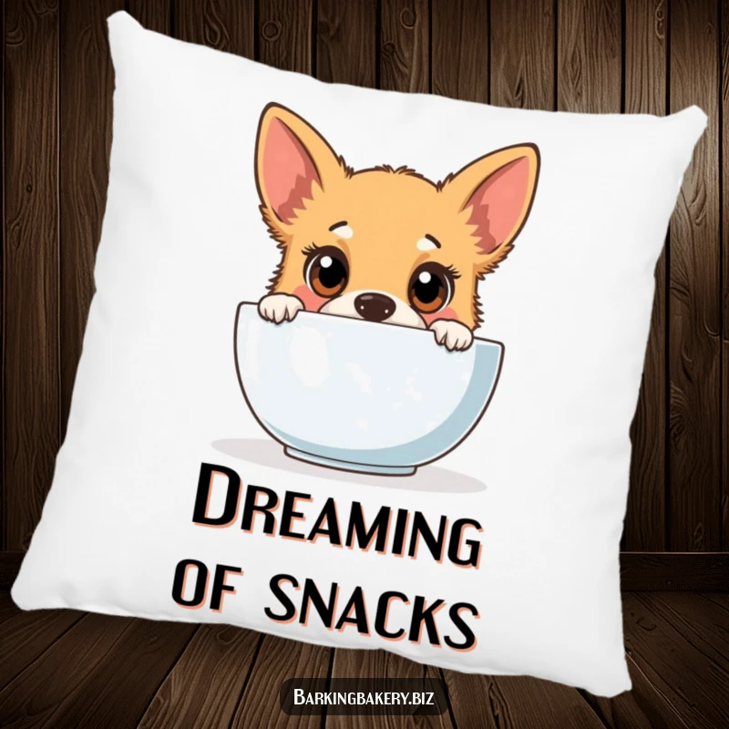 Funny dog pillow showcasing a cute puppy peeking inquisitively into a baking mixing bowl, adding charm to any room.