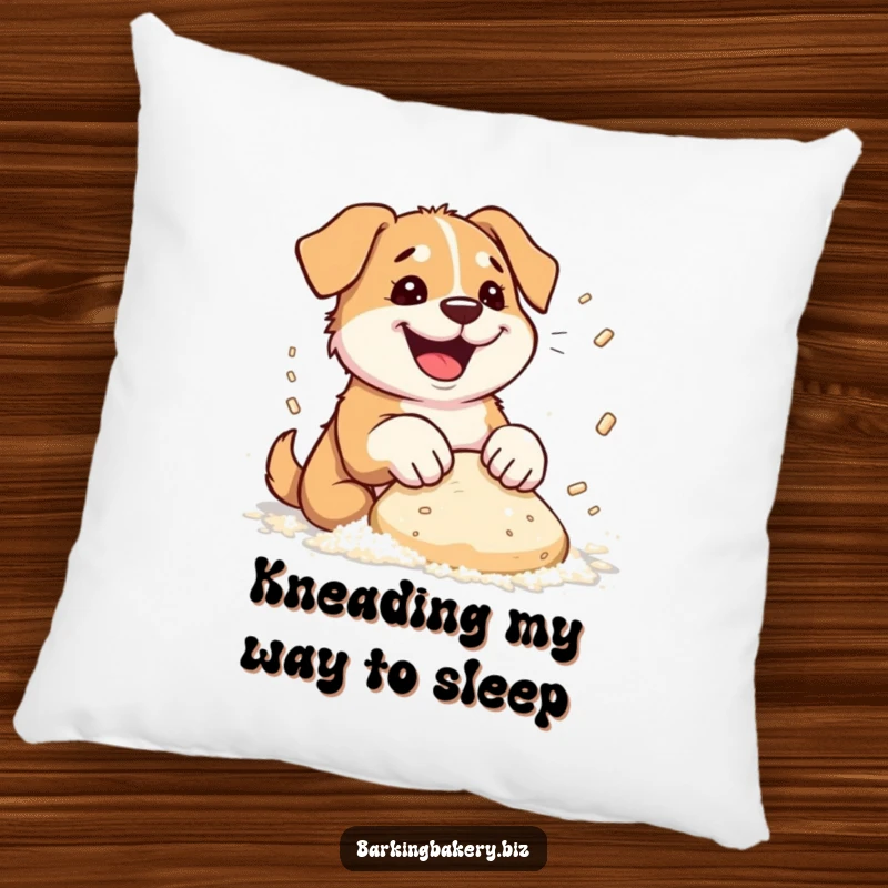 Funny dog pillow showcasing a dog enthusiastically kneading dough, with flour flying comically in the air.