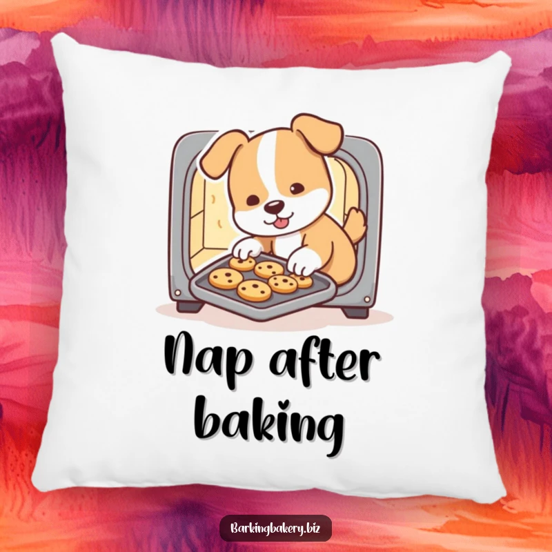 Funny dog pillow, a cute baker dog slides a tray of cookies from a tiny oven, perfect for adding humor and comfort to a room.