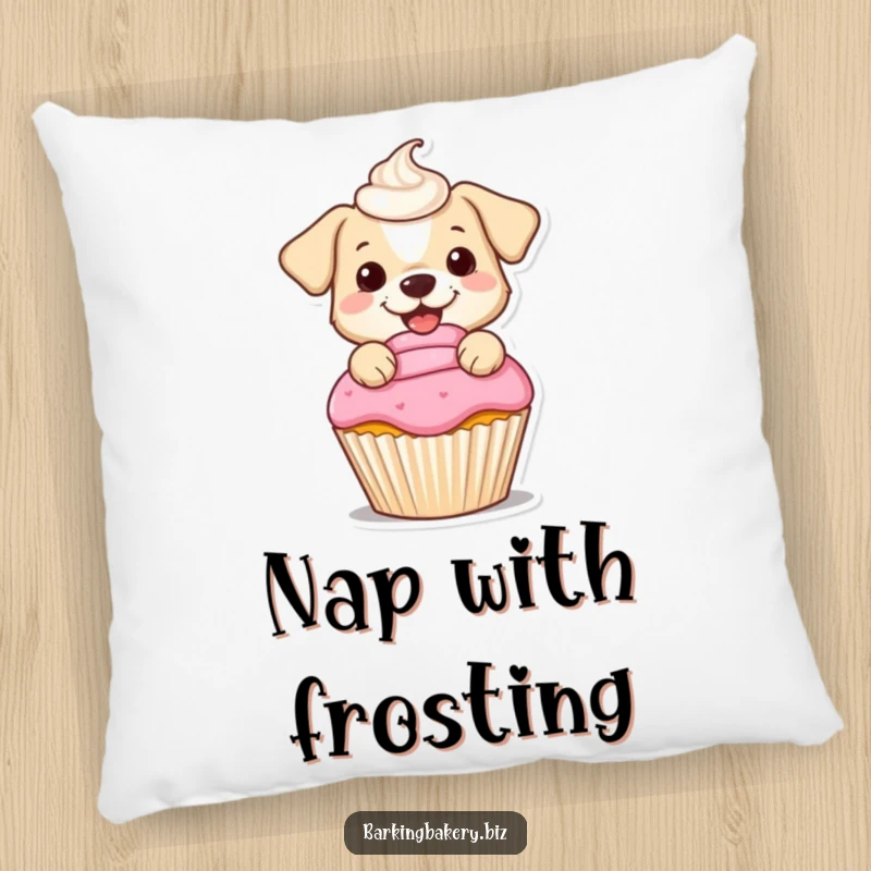 Funny pillow featuring a small dog cheerfully frosting a cupcake with a swirled dollop, adding sweet comfort to any room.