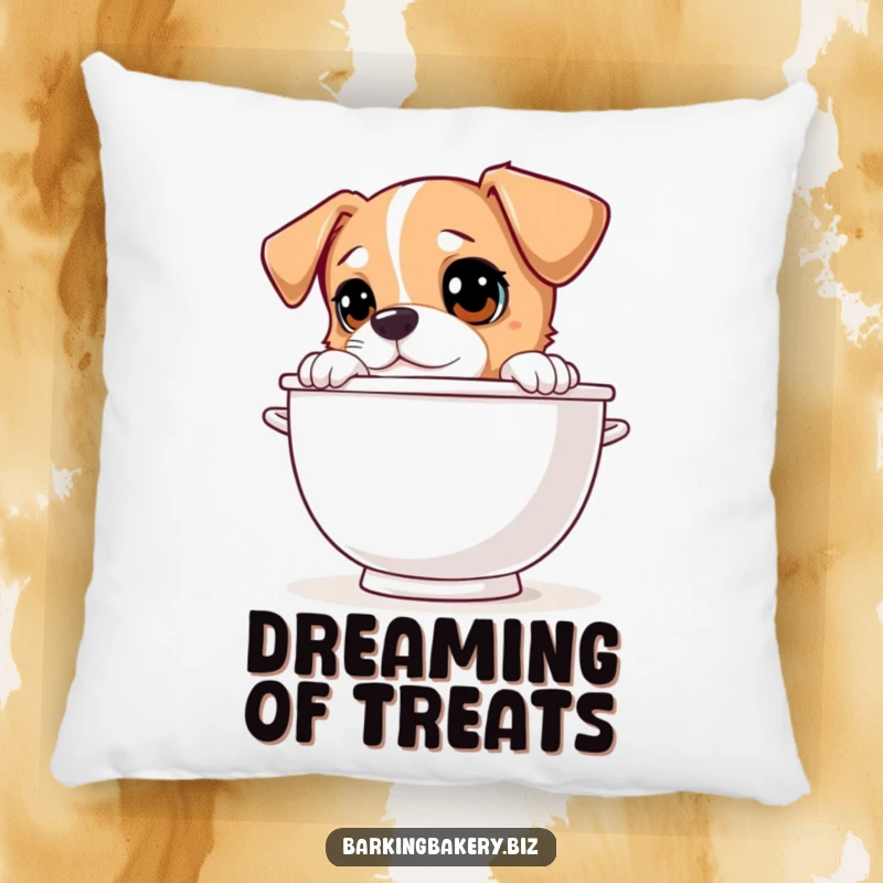 Funny dog peeking over a giant mixing bowl with curious eyes, a soft and cozy decorative pillow.
