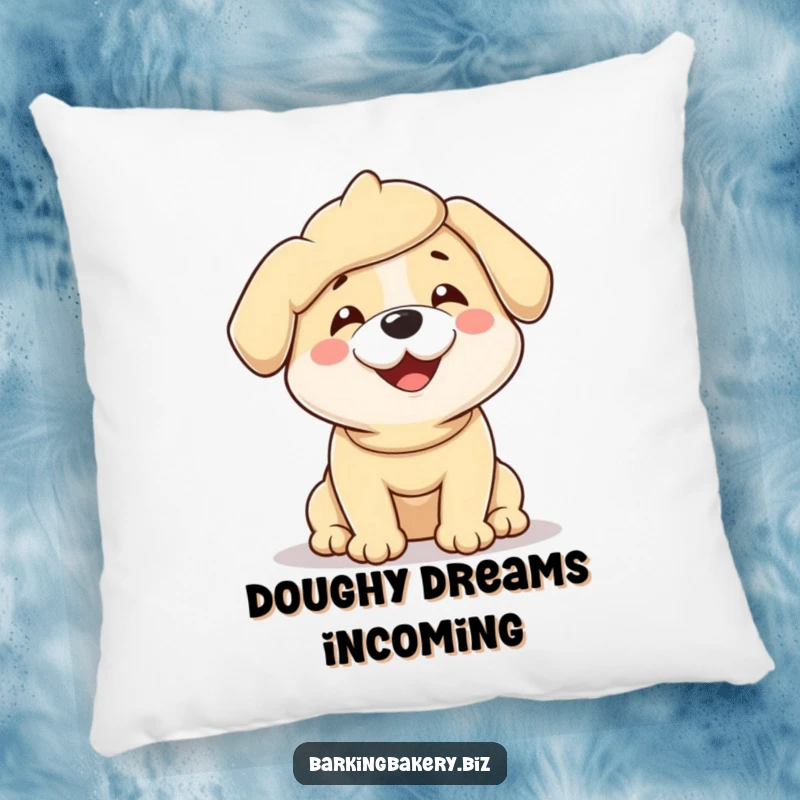 Funny pillow featuring an adorable dog fully covered in dough, wiggling with immense delight.