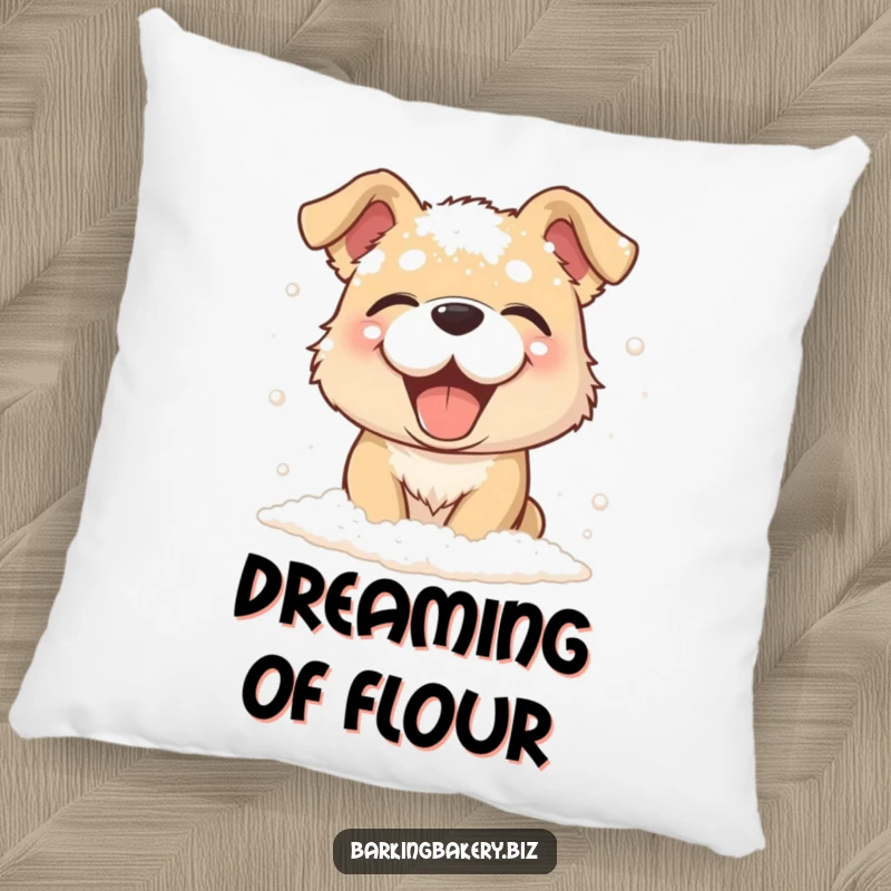 Funny dog giggling, covered in flour, a soft pillow, great funny gift for dog lovers and bakers.
