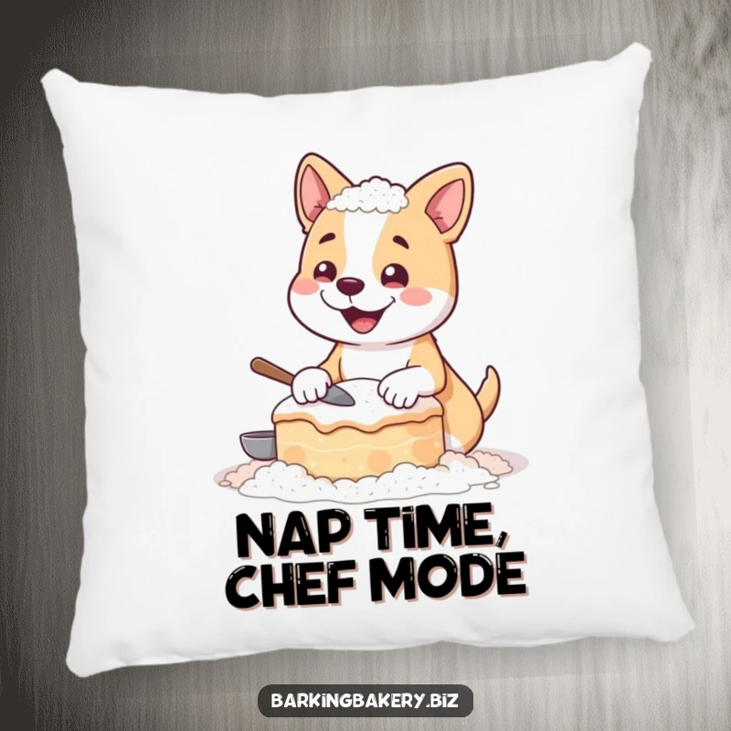 Funny pillow design of a happy dog coated in white flour, proudly holding a funny, lopsided cake it baked.