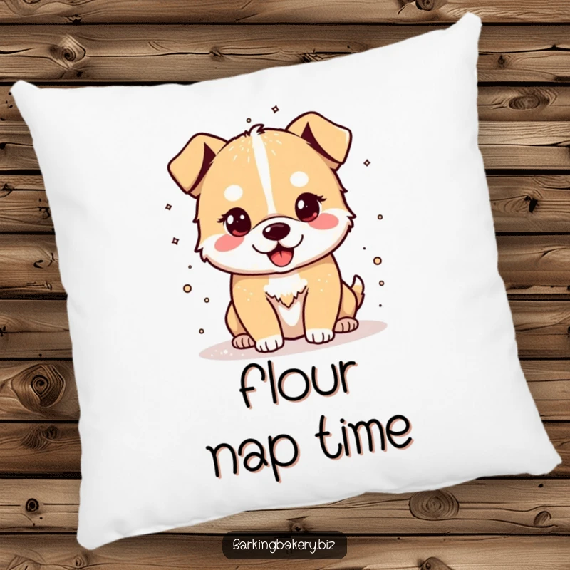 Funny pillow featuring a cheerful dog sprinkling flour, adding comfort and baking-themed humor.