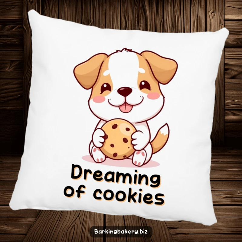 Funny dog pillow, a happy dog proudly offers a perfect cookie, soft and comfortable decor with a humorous baking theme.
