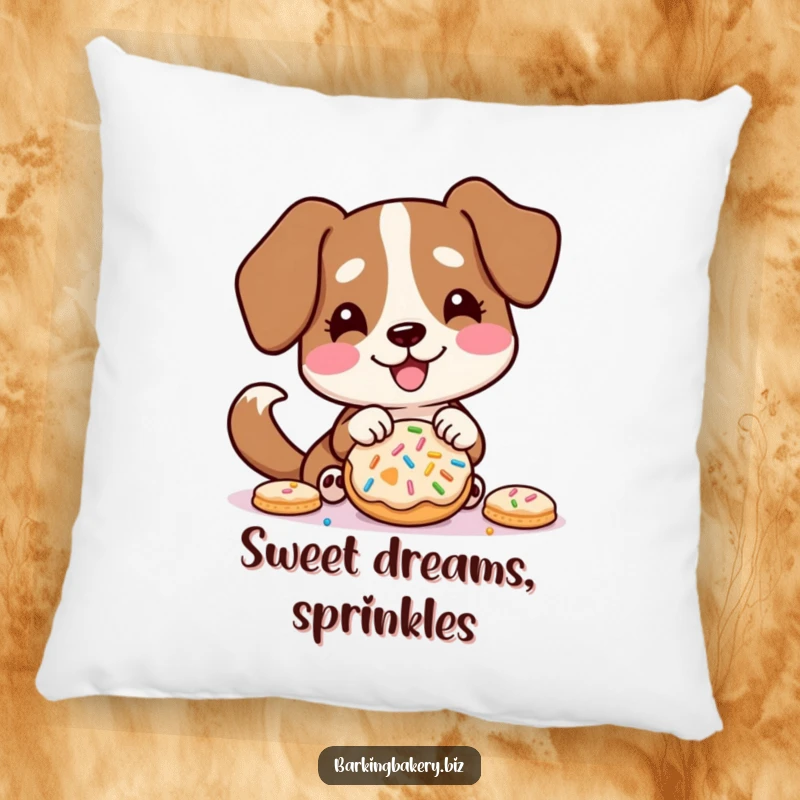 Funny pillow design of a dog excitedly decorating a cookie with sprinkles, tail wagging with pure joy.