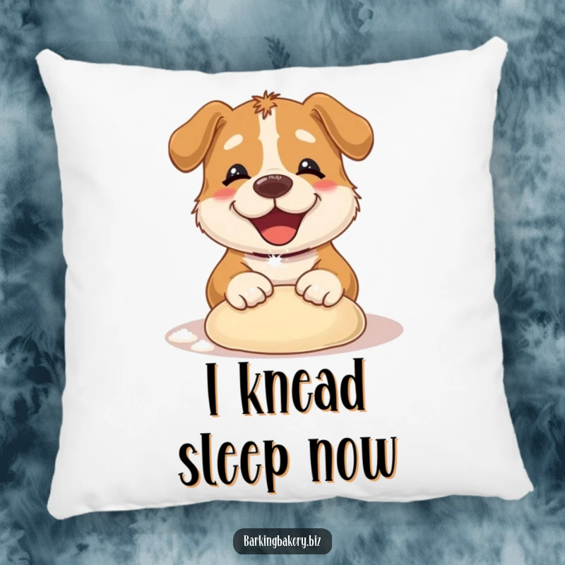 Funny Dog Pillow: A cute dog with flour on its nose kneading dough, bringing baking humor to decor. Gift idea.