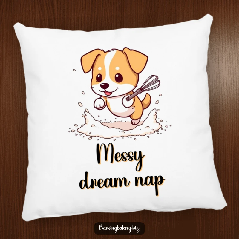 Funny dog pillow, a dog in scattered flour playfully chases a dancing whisk, soft and humorous decor for any room.