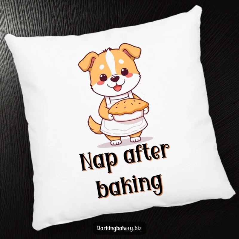 Funny dog baker pillow showing a dog in an apron with a delicious pie, perfect for adding comfort and charm.