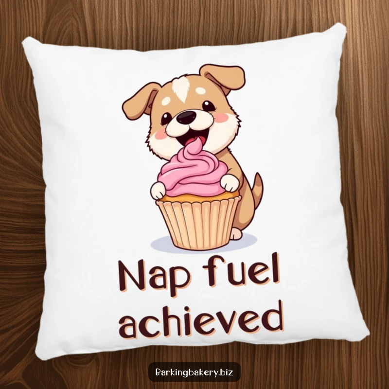 Funny dog pillow with a dog gleefully frosting a lopsided cupcake with a pink swirl, adding comfort and humor.