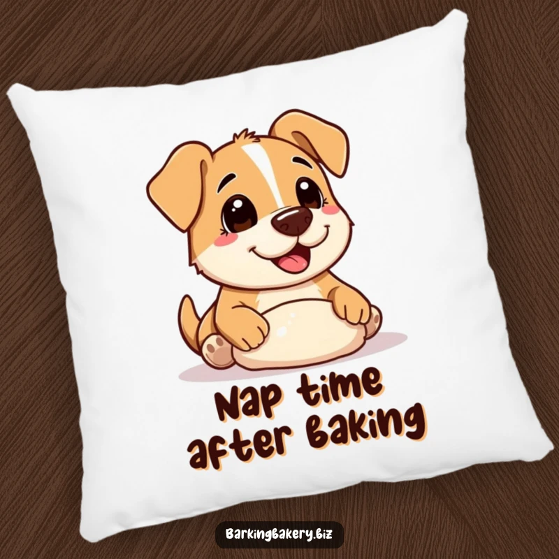 Funny Pillow: A dog with a floury nose joyfully shaping dough, offering a soft and humorous decorative accent for any room.
