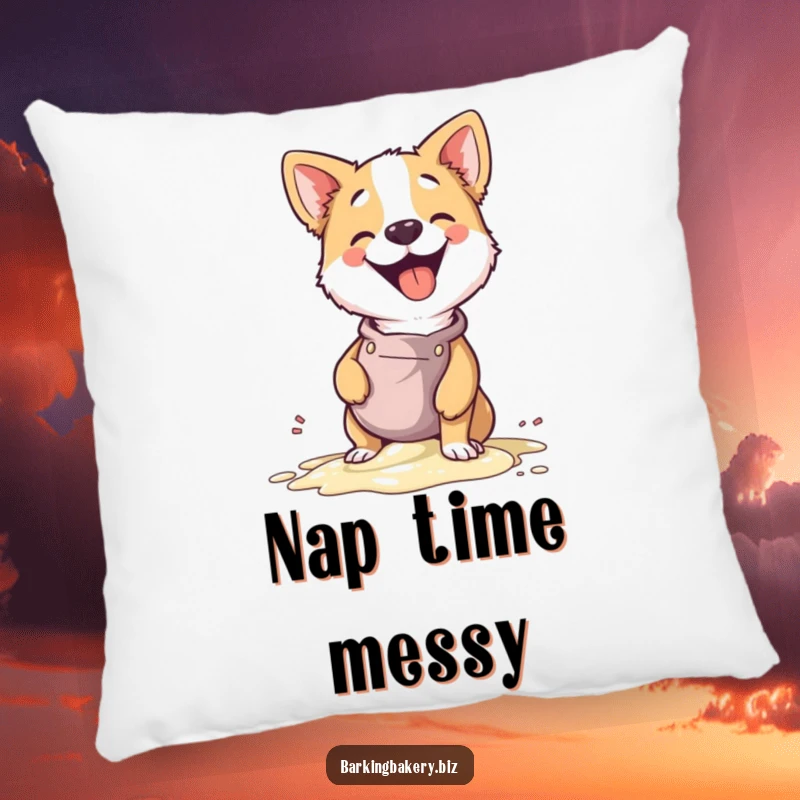 Funny decorative pillow with a dog chef spilling batter with a giggle, soft and humorous home accent.