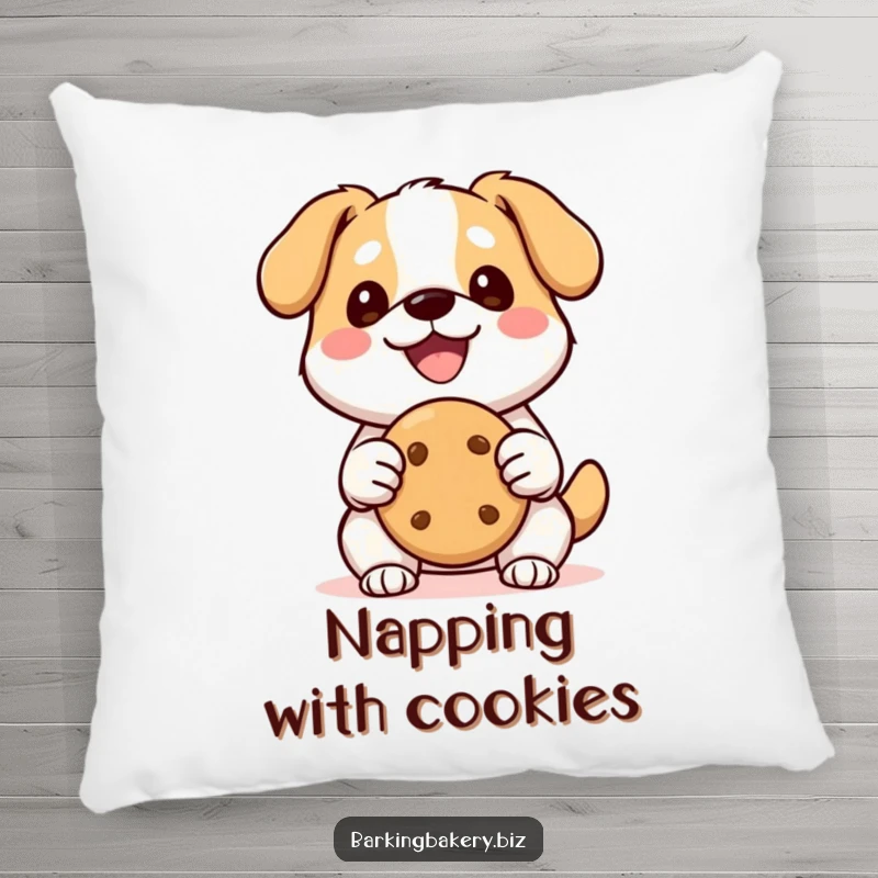 Funny Kawaii Dog Pillow: A happy, smiling kawaii dog holds a perfect cookie, offering soft comfort and a dose of cute humor.