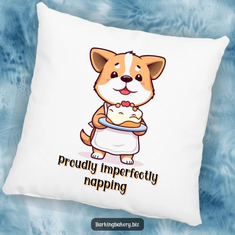 Funny Determined Dog Pillow: A proud dog presents a slightly lopsided cake, offering soft comfort and baking humor.