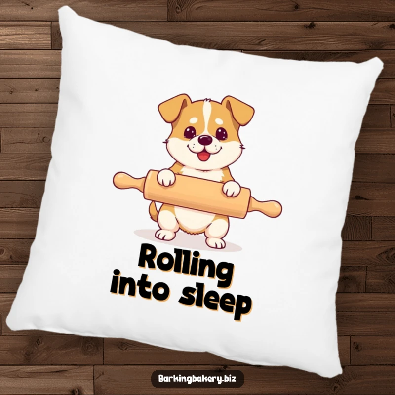 Funny pillow design of a dog hilariously attempting to use a rolling pin that is much too large for it.