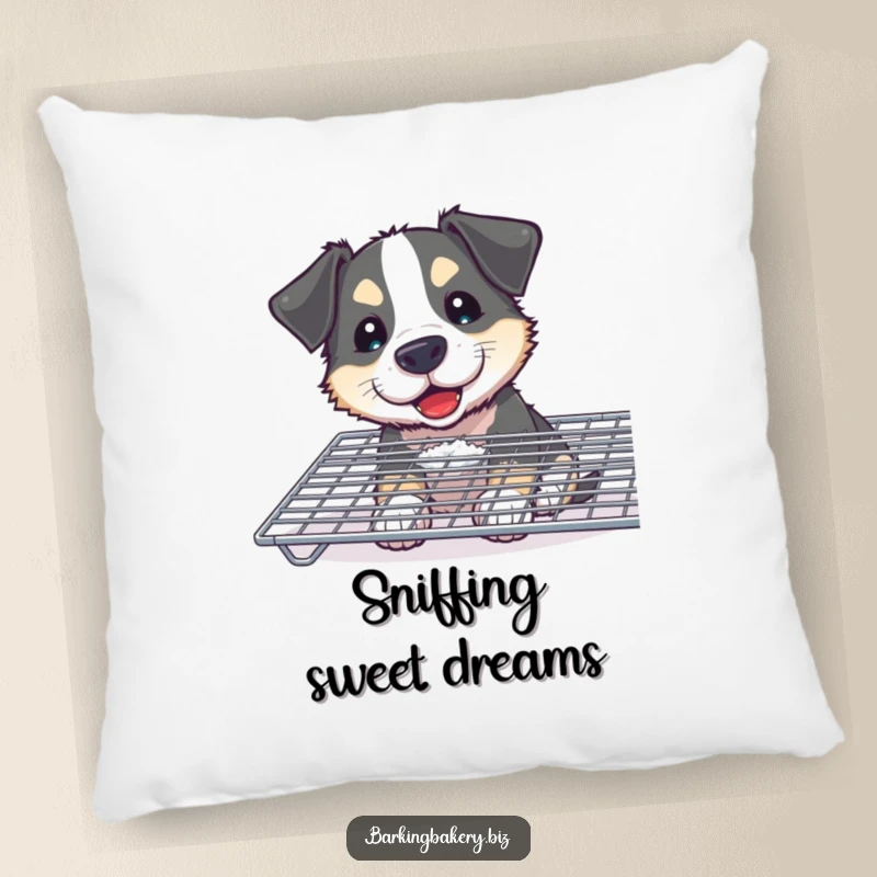 Funny Curious Dog Pillow: A flour-smudged dog joyfully sniffs a cooling rack, offering soft comfort and baking humor.