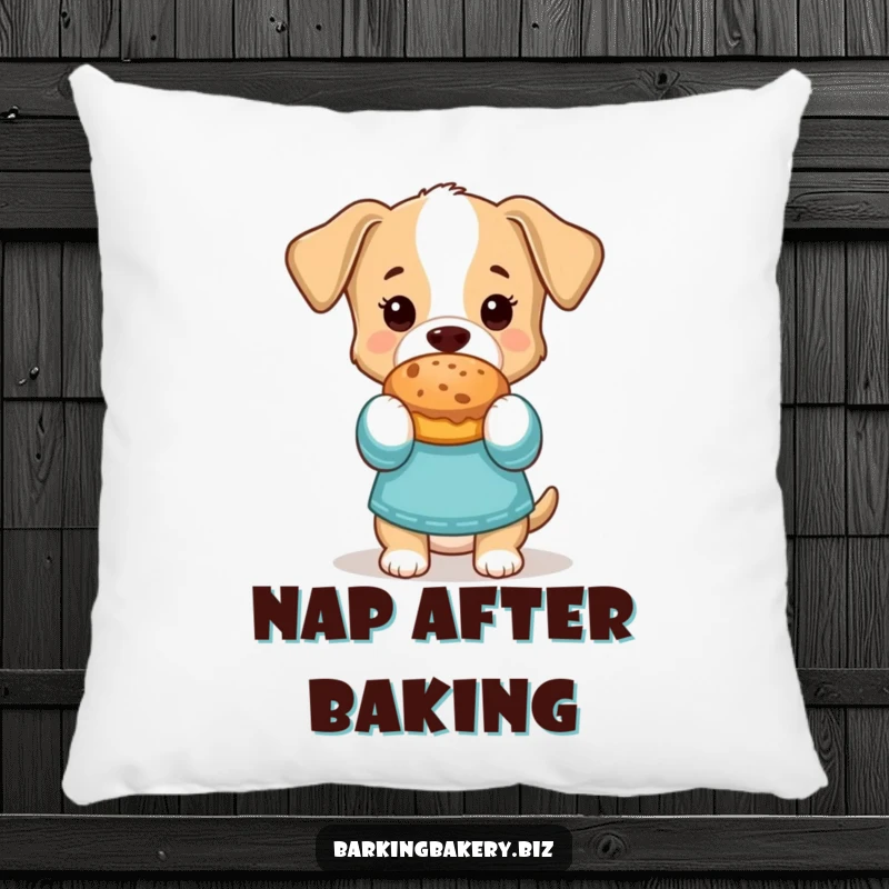 Funny Pillow: A dog wearing oven mitts happily displays a baked treat, bringing comfort and humor.