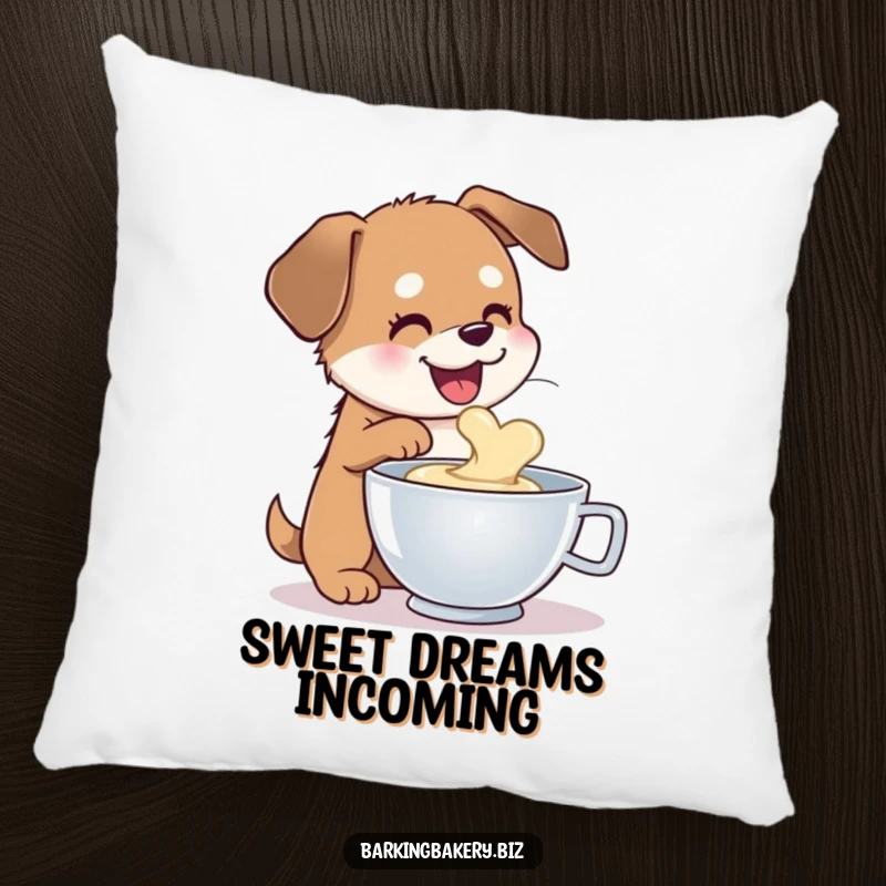 Funny dog pillow depicting a happy dog sampling batter from a mixing bowl, embodying pure, sweet joy.