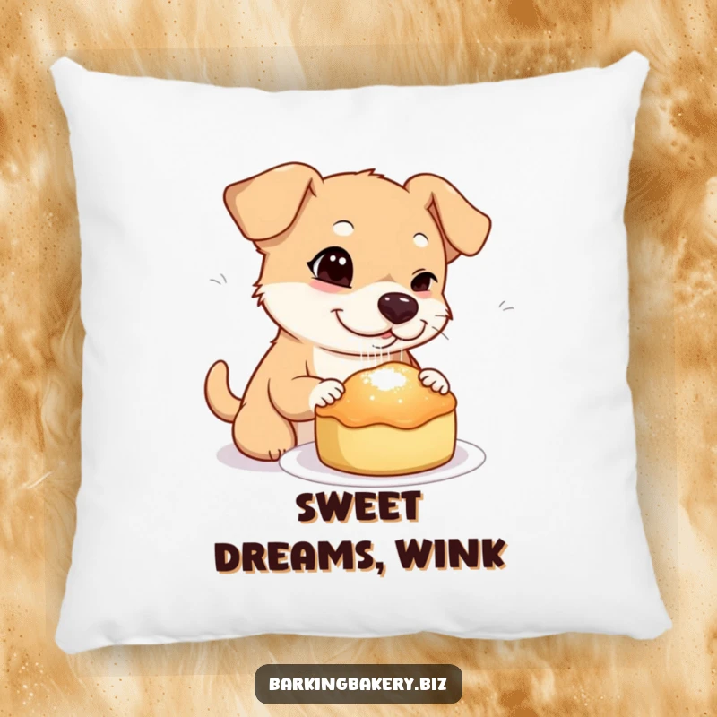 Funny dog pillow depicting a dog winking while sprinkling sugar onto a freshly baked treat, embodying sweet completion.