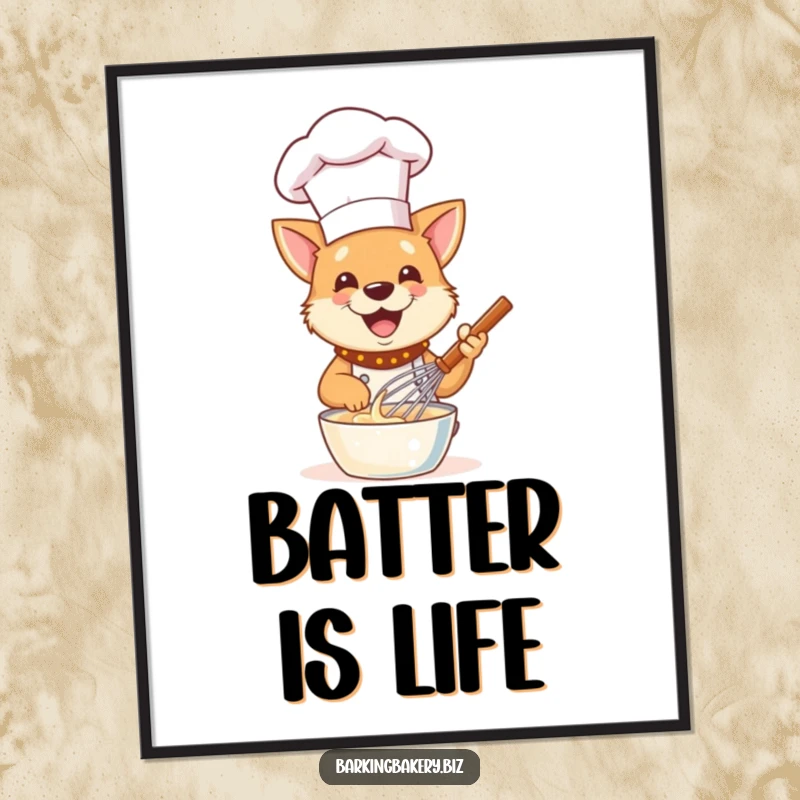 Funny Dog Chef Digital Art: A happy dog chef gleefully whisks batter, a humorous printable for decor.