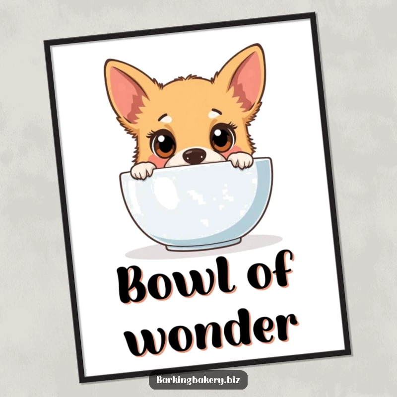 Funny dog digital art print of a curious puppy peering into a baking mixing bowl, adding humor to your walls.