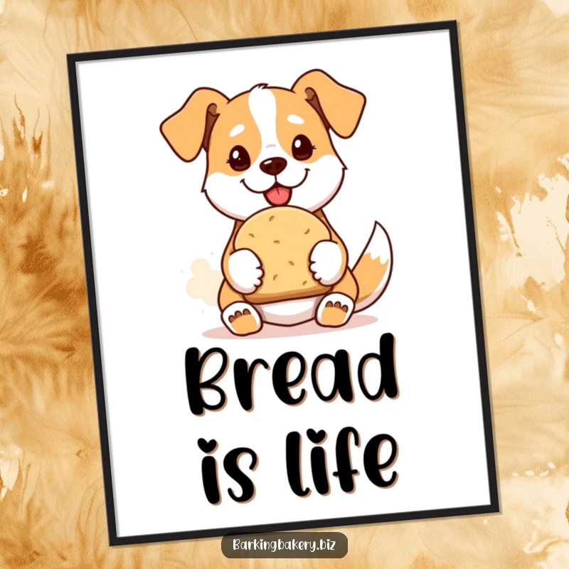 Funny digital art print of a proud dog offering a freshly baked loaf of bread, instantly downloadable.