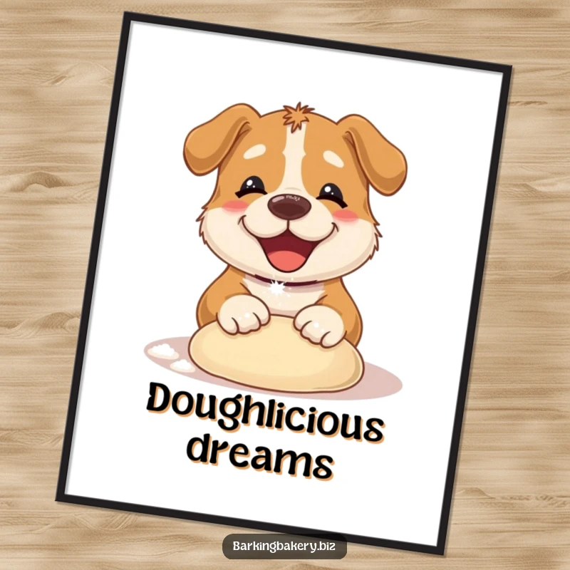 Funny Dog Digital Art: A happy dog covered in flour kneading dough, bringing baking humor to any room. Giftable.