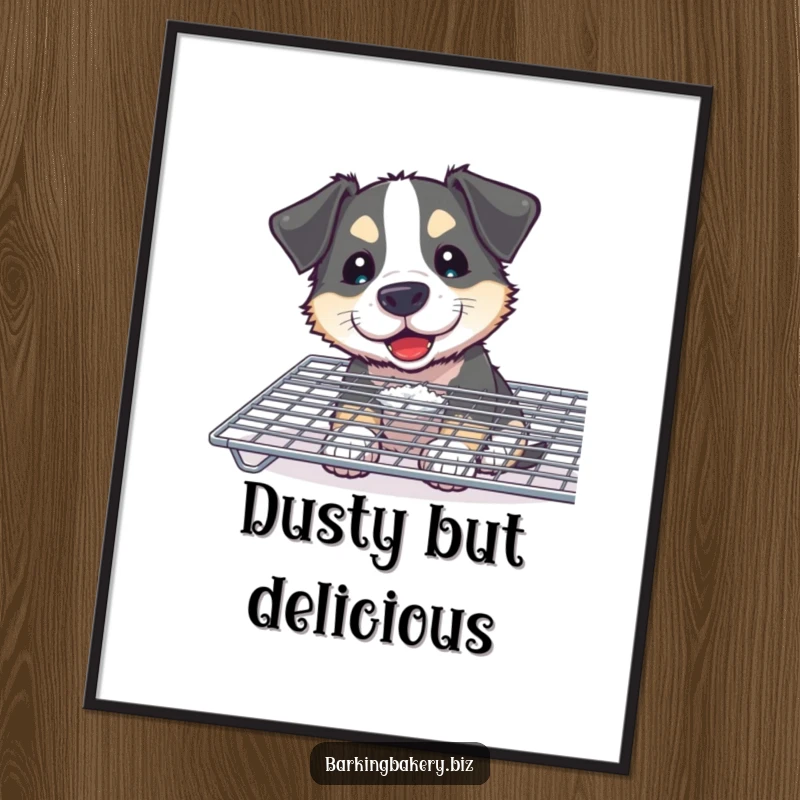 Funny Curious Dog Digital Art Print: A dog with a flour smudge on its nose joyfully sniffs a cooling rack, a humorous piece.