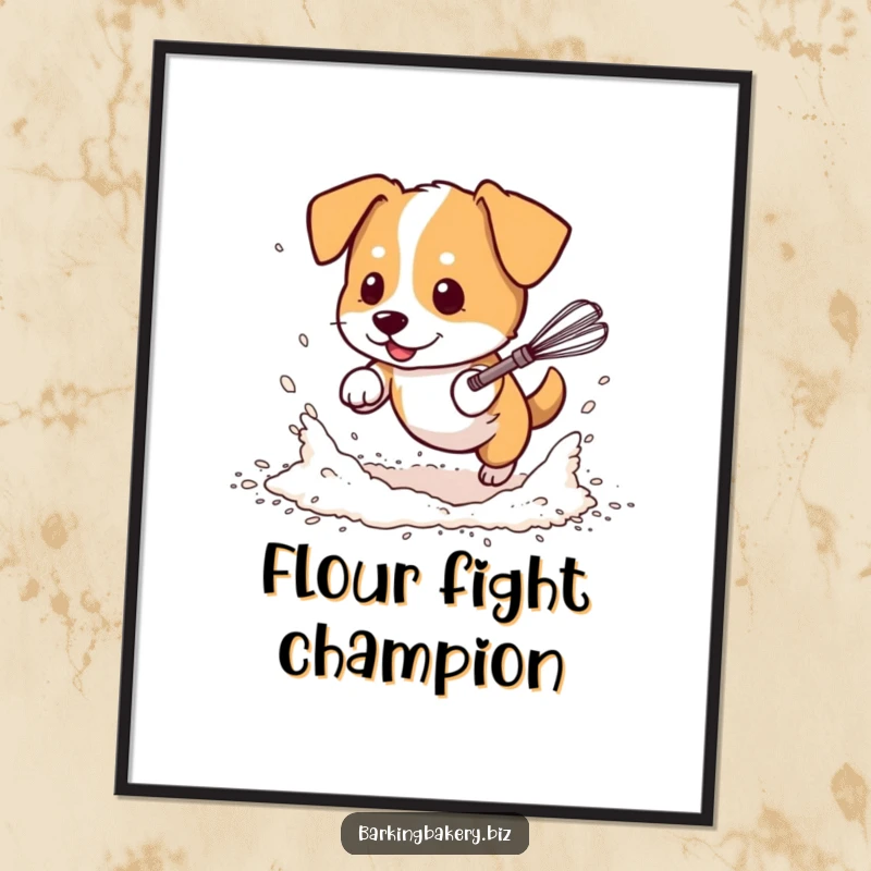 Funny dog digital art, a dog in scattered flour chases a dancing whisk, whimsical and humorous printable art for any space.