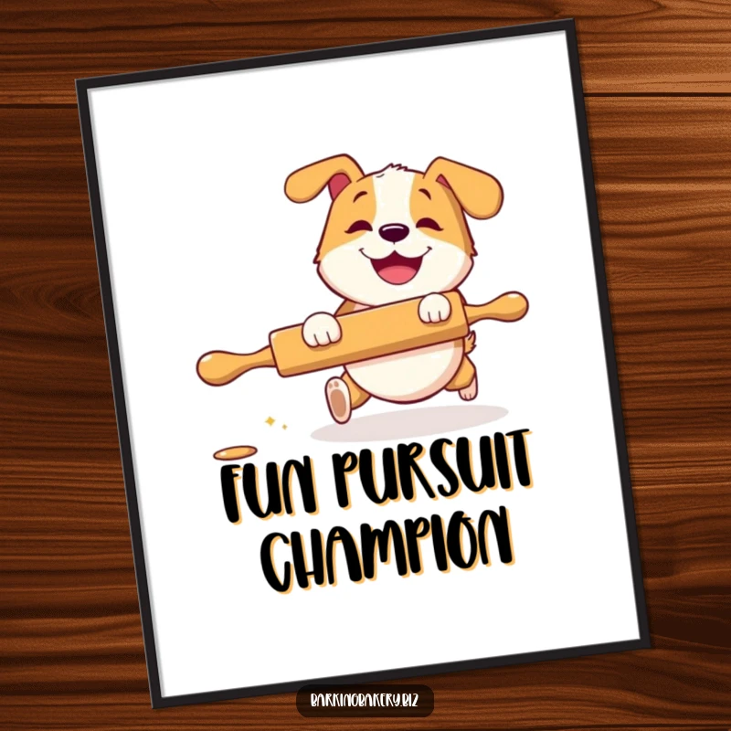 Funny Digital Art Print: A dog with a big grin playfully chases a rolling pin, bringing energetic and humorous baking art.