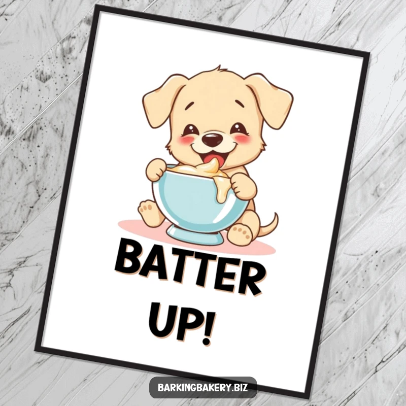 Funny puppy joyfully tastes batter from a mixing bowl, a downloadable digital art print for humorous decor.