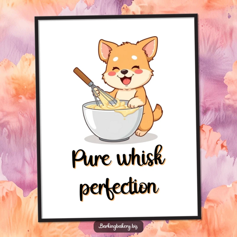 Funny dog digital art print showing an energetic dog holding a large whisk, mixing batter in a bowl, vibrant and humorous.