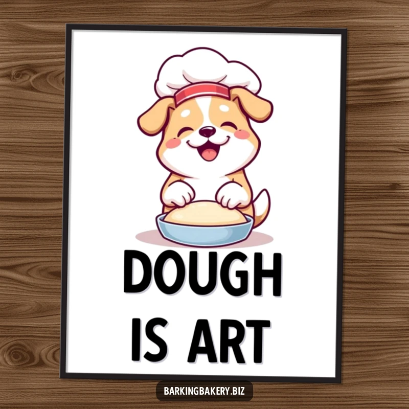 Funny digital art print showing a dog in a chef hat happily kneading dough with its paws, a master baker.