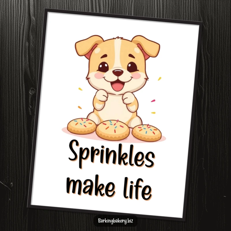 Funny digital art print of a dog joyfully decorating cookies with a shower of sprinkles, instantly downloadable.