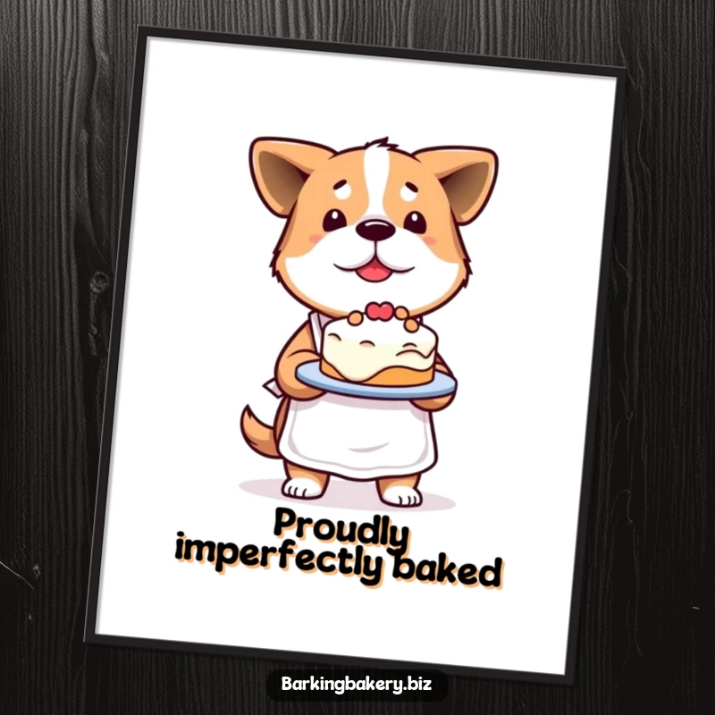 Funny Determined Dog Digital Art Print: A proud dog presents a slightly lopsided cake, capturing the spirit of imperfect baking.