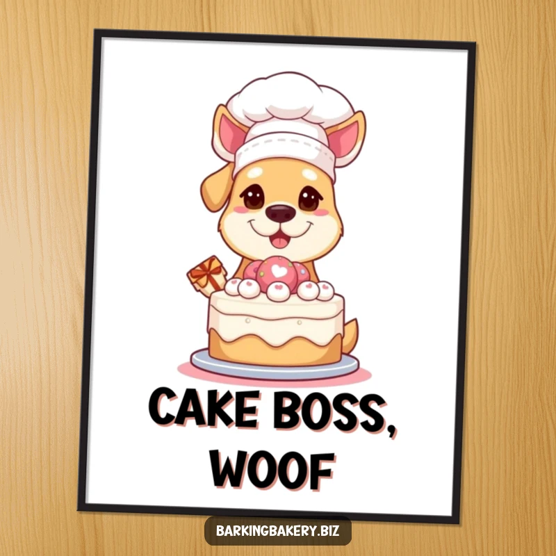 Funny Digital Art Print: A dog wearing a chef hat proudly presents a cake, bringing humorous culinary celebration to any space.