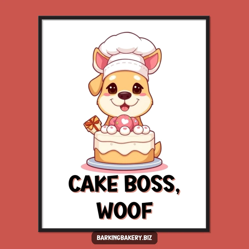 Funny Digital Art Print: Chef Dog in Hat Presenting Cake - Instant Decor Gift
