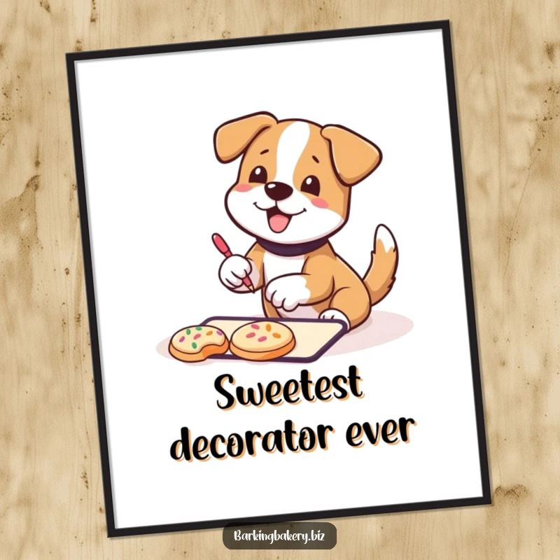 Funny Digital Art Print: A dog wagging its tail happily decorates cookies with sprinkles, bringing cheerful and humorous baking art.