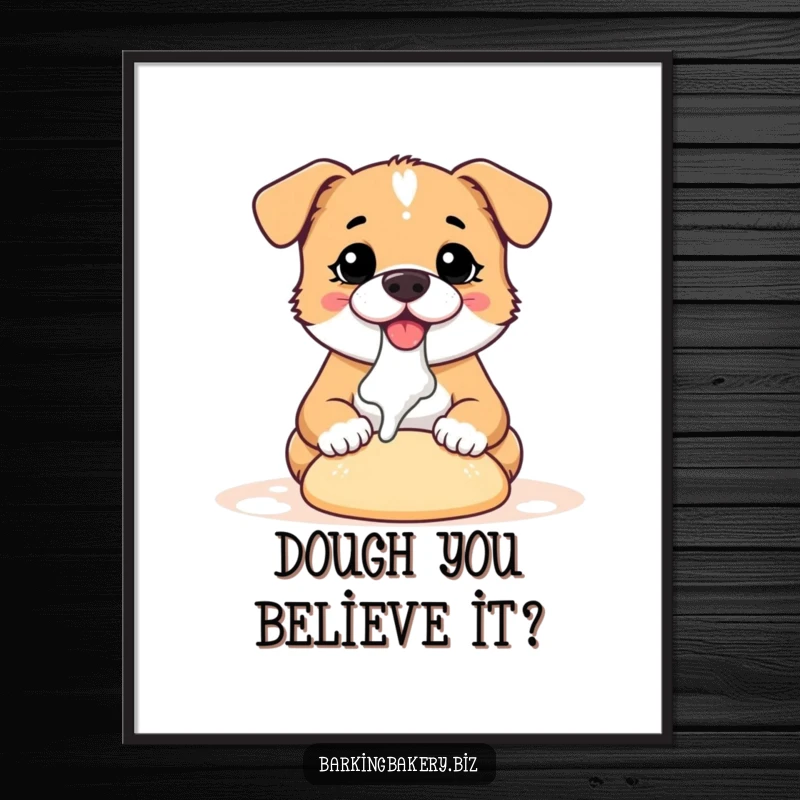 Funny dog digital art print of a cute, flour-dusted dog enthusiastically kneading dough, vibrant and humorous illustration.