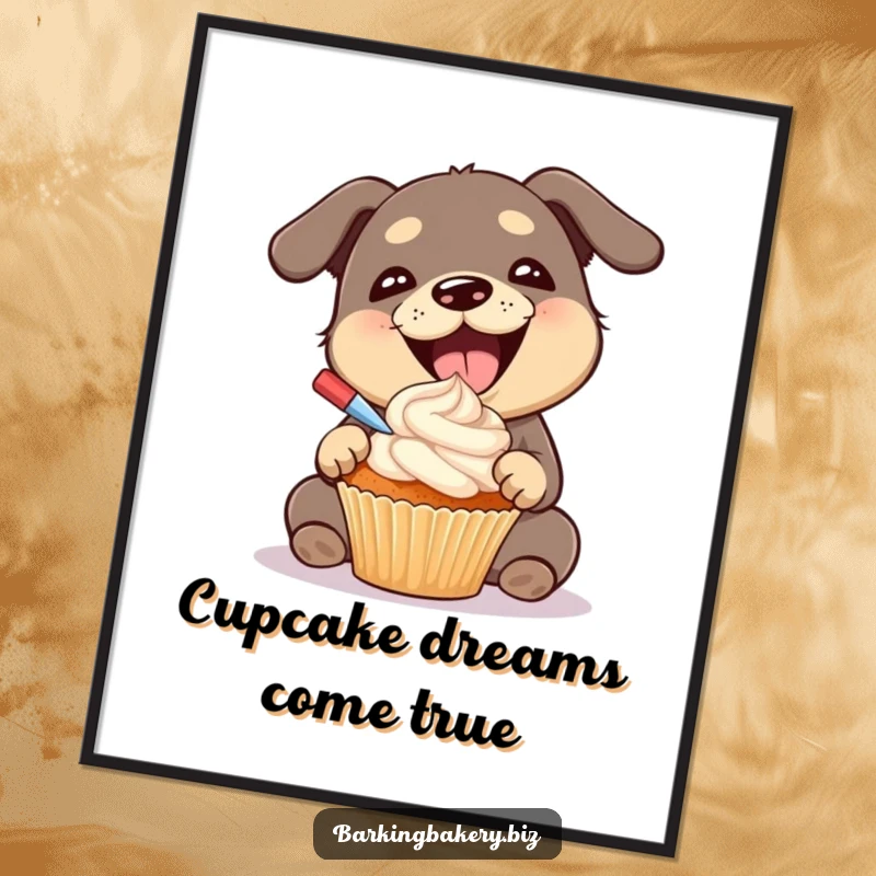 Funny dog digital art print showing a gleeful dog with a big smile, happily frosting a cupcake, vibrant and cheerful.